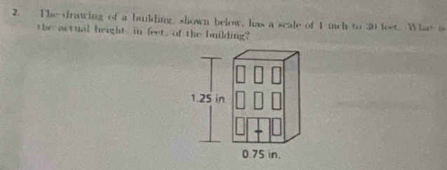 The drawing of a building shown below, has a scale of 1 inch to 30 feet. What is 
the actual height in feet, of the building?