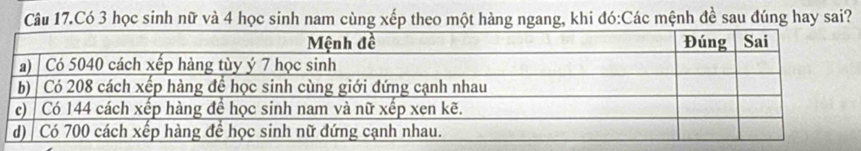 Câu 17. Có 3 học sinh nữ và 4 học sinh nam cùng xếp theo một hàng ngang, khi đó:Các mệnh đề sau đúng hay sai?