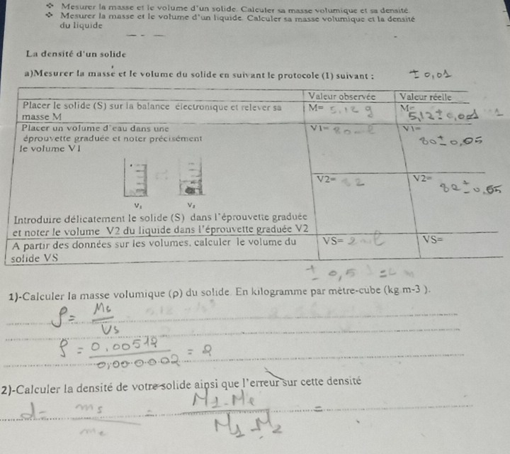 Mesurer la masse et le volume d'un solide. Calcuter sa masse volumique et sa densité
Mesurer la masse et le volume d'un liquide. Calculer sa masse volumique et la densité
du liquide
La densité d'un solide
a)Mesurer la masse et le volume du solide en suivant le protocole (1) suivant :
1)-Calculer la masse volumique (ρ) du solide. En kilogramme par mètre-cube (kg.m-3).
_
_
_
_
2)-Calculer la densité de votre solide ainsi que l'erreur sur cette densité
_