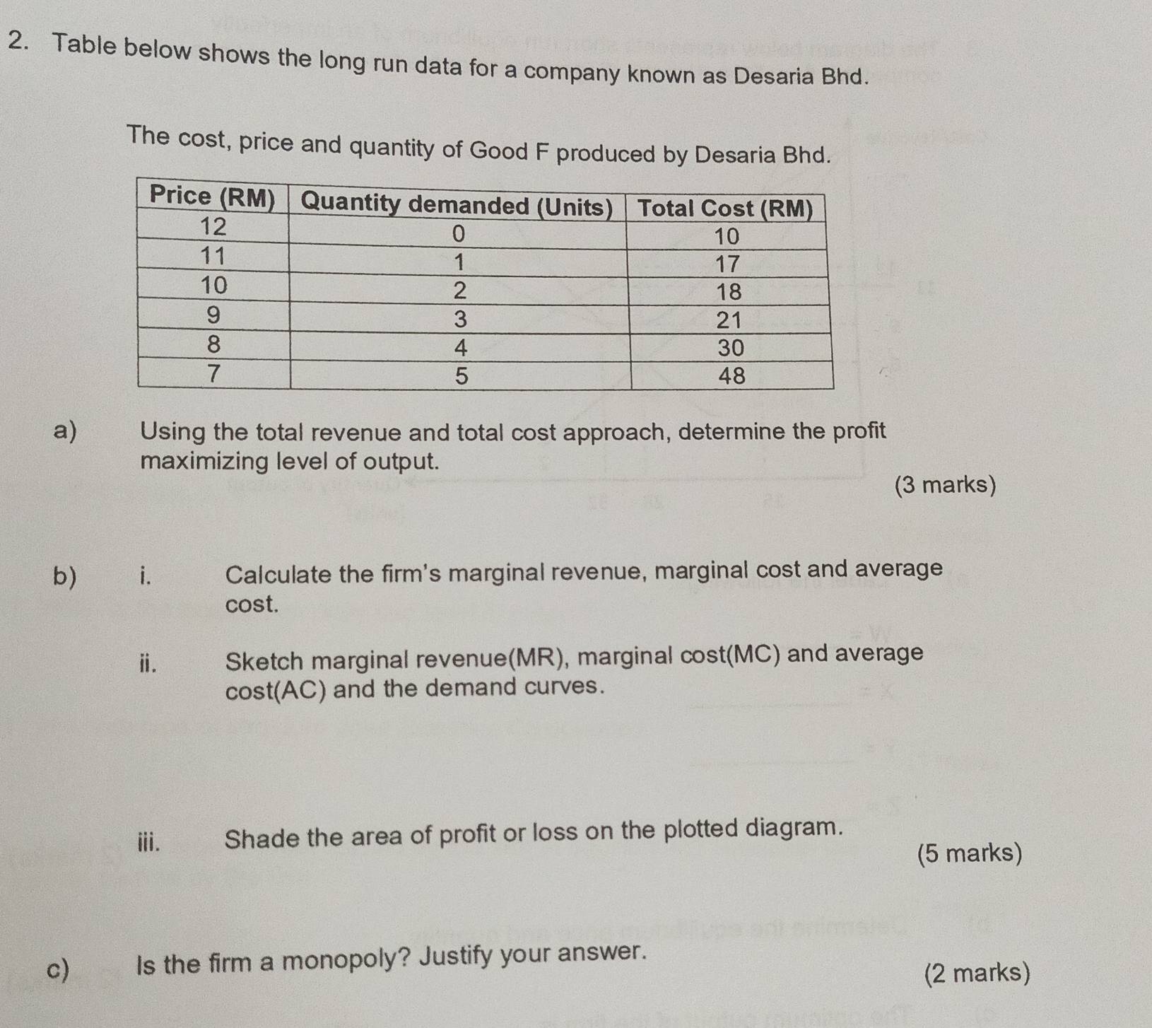 Table below shows the long run data for a company known as Desaria Bhd. 
The cost, price and quantity of Good F produced by Desaria Bhd. 
a) €£ Using the total revenue and total cost approach, determine the profit 
maximizing level of output. 
(3 marks) 
b) i. Calculate the firm's marginal revenue, marginal cost and average 
cost. 
ⅱ. Sketch marginal revenue(MR), marginal cost(MC) and average 
cost(AC) and the demand curves. 
iii. Shade the area of profit or loss on the plotted diagram. 
(5 marks) 
c)_ Is the firm a monopoly? Justify your answer. 
(2 marks)