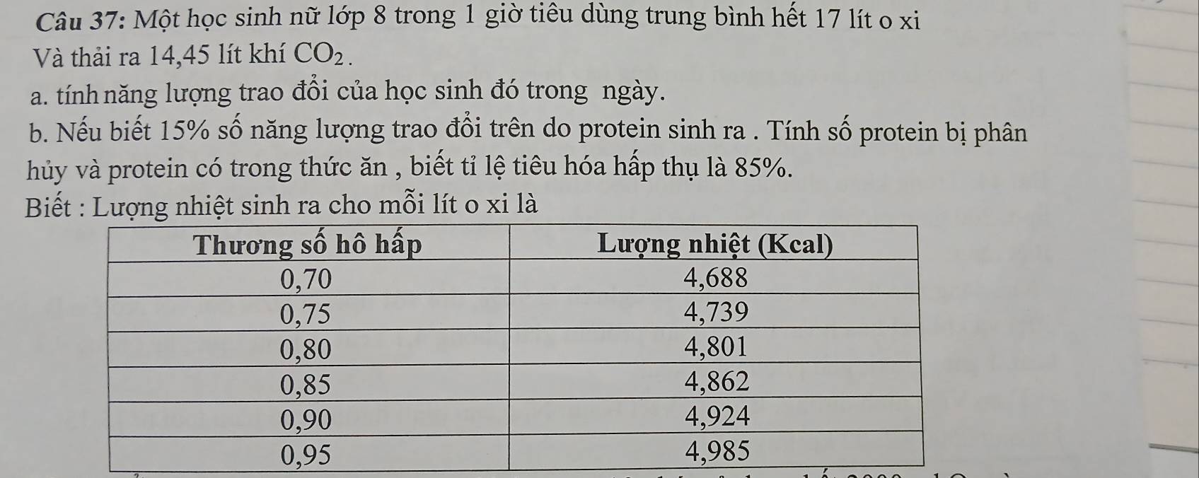 Một học sinh nữ lớp 8 trong 1 giờ tiêu dùng trung bình hết 17 lít o xi 
Và thải ra 14,45 lít khí CO_2. 
a. tính năng lượng trao đổi của học sinh đó trong ngày. 
b. Nếu biết 15% số năng lượng trao đổi trên do protein sinh ra . Tính số protein bị phân 
hủy và protein có trong thức ăn , biết tỉ lệ tiêu hóa hấp thụ là 85%. 
: Biết : Lượng nhiệt sinh ra cho mỗi lít o xi là