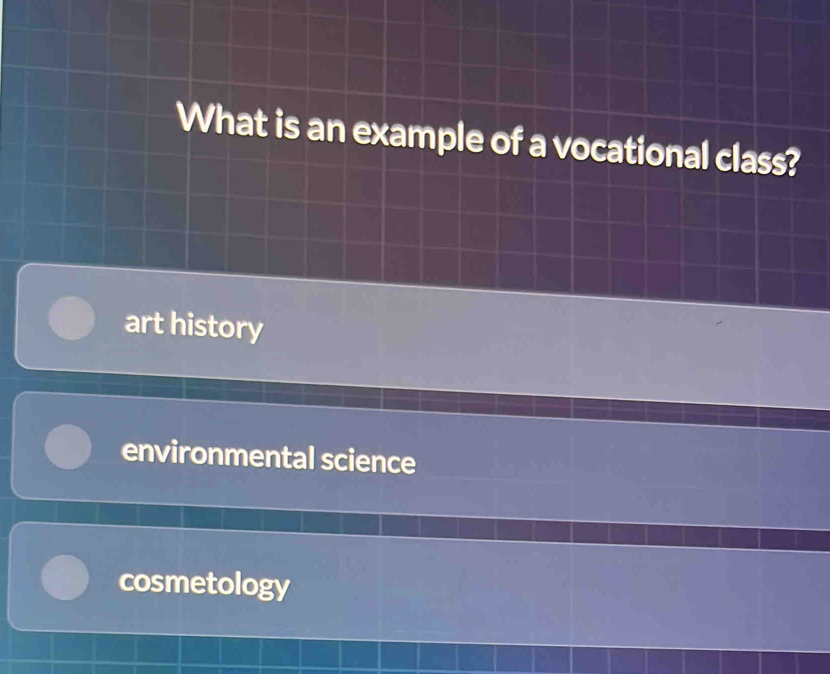 What is an example of a vocational class?
art history
environmental science
cosmetology