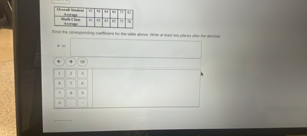 Find the coresponding coefficient for the table above. Write at least two places after the decimal.
r=□ □  
← → x
1 2 3
4 5 6
7 B 9
0