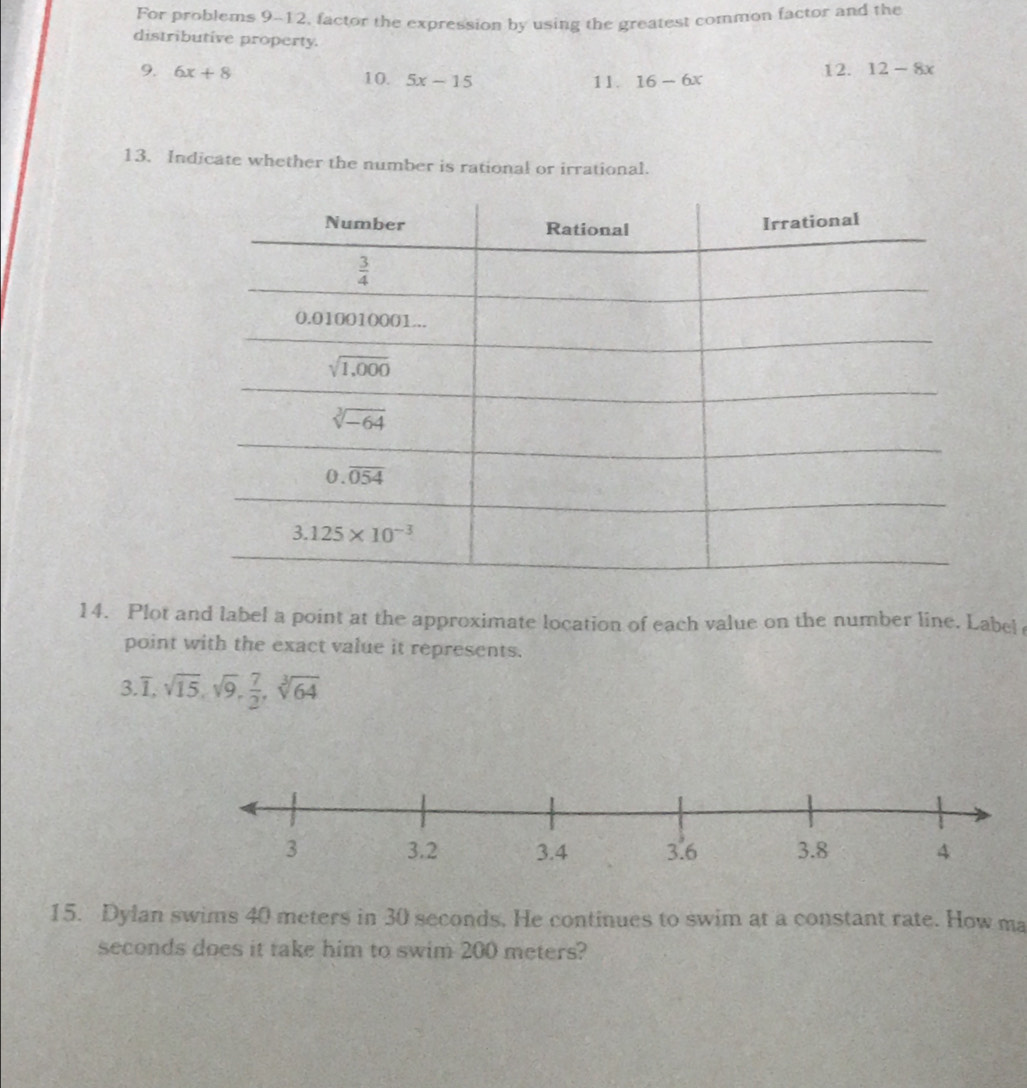 For problems 9-12, factor the expression by using the greatest common factor and the
distributive property. 12-8x
9. 6x+8 10. 5x-15 11. 16-6x 12.
13. Indicate whether the number is rational or irrational.
14. Plot and label a point at the approximate location of each value on the number line. Label 
point with the exact value it represents.
3.I, sqrt(15),sqrt(9), 7/2 ,sqrt[3](64)
15. Dylan swims 40 meters in 30 seconds. He continues to swim at a constant rate. How ma
seconds does it take him to swim 200 meters?