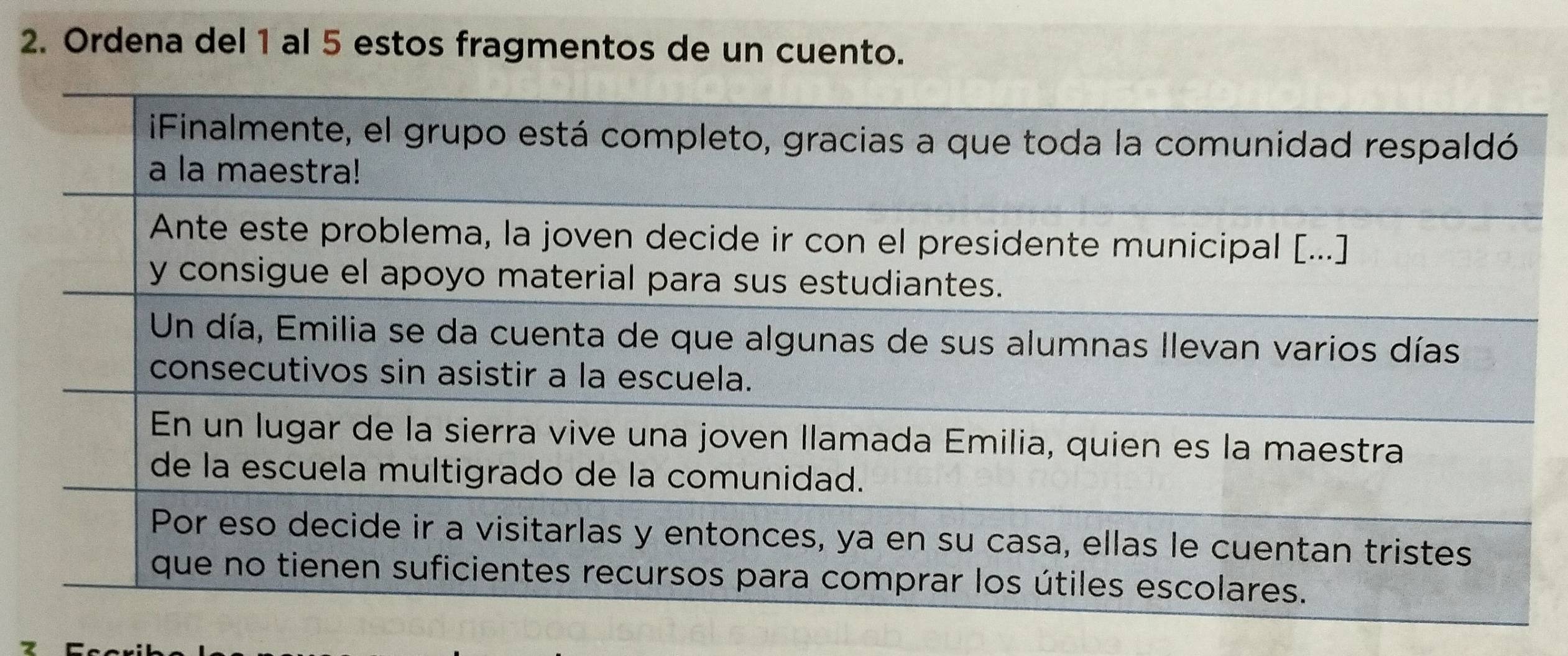 Ordena del 1 al 5 estos fragmentos de un cuento.