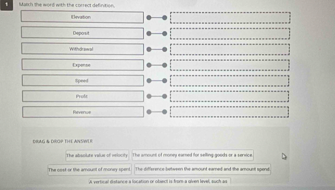 Match the word with the correct definition.
Elevation
Deposit
Withdrawal
Expense
Speed
Profit
Revenue
DRAG & DROP THE ANSWER
The absolute value of velocity The amount of money earned for selling goods or a service
The cost or the amount of money spent The difference between the amount earned and the amount spend.
A vertical distance a location or object is from a given level, such as