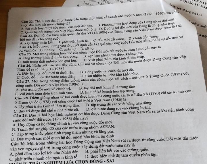 on
Mệm vụ bố_
- Tính hi
TQuớc từ nãi
4
từ sau tháng 4-1975
Câu 22. Thành tựu đạt được bước đầu trong thực hiện kể hoạch nhà nước 5 năm (1986 - 1990) của công
cuộc đổi mới đất nước chứng tỏ?
A. Đã phát huy được sức mạnh của một dân tộc. B. Phương thức hoạt động của Đảng có sự đổi mới.
C. Quan hệ đổi ngoại của Việt Nam được mở rộng. D. Đường lỗi đổi mới của Đảng là dùng, phù hợp thống nhất
Cầu 23. Đại hội đại biểu toàn quốc lần thứ VI (12/1986) của Đảng Cộng sản Việt Nam được xem là Đại
hội mở đầu cho công cuộc
A. xây dựng đoàn kết. B. phát triển kinh tế. C. đổi mới đất nước, D. chinh đồn Đảng.
Cầu 24. Một trong những yếu tố quyết định đến kết quả của công cuộc Đội mới đất nước là sự đổi mới về
ủa đất
A. văn hóa. B. tư duy. C. quân sự D. xã hội.
Câu 25. Một trong những hạn chế của công cuộc Đổi mới đất nước từ năm 1986 đến nay là
A. tăng trưởng kinh tế thiếu bền vững.
C. tình trạng thất nghiệp còn quá lớn. B. nạn lạm phát chưa được khổng chế.
D. xuất phát điểm của kinh tế còn thấp.
Câu 26. Nhận xét nào sau đây đúng khii nói về công cuộc Đôi mới đát nước được Đảng Cộng sản Việt
Nam đề ra từ tháng 12/1986?
A. Đây là cuộc đổi mới từ dưới lên. B. Công cuộc cải cách rắt triệt đề.
C. Cuộc đổi mới đất nước toàn diện. D. Còn nhiều hạn chế khó khắc phục.
Cầu 27. Một trong những điễm giống nhau của công cuộc cải cách - mở cửa ở Trung Quốc (1978) với
công cuộc Đổi mới ở Việt Nam (1986) là
A. chú trọng đổi mới về chính trị. B. lấy đổi mới kinh tế là trọng tâm.
C. cải cách toàn diện trên lĩnh vực. D. kinh tế kể hoạch hóa tập trung.
Câu 28. Điểm giống nhau về bối cảnh thực hiện của công cuộc cải tổ ở Liên Xô (1990) cải cách - mở cửa
ở Trung Quốc (1978) với công cuộc Đỗi mới ở Việt Nam (1986) là
A. lầy phát triển kinh tế làm trọng tâm. B. tập trung đề sản xuất hàng tiêu dùng.
C. duy trì được thể chế ở nhà nước cũ. D. đất nước đang rơi vào khùng hoàng.
Câu 29. Đâu là bải học kinh nghiệm cơ bản được Đảng Cộng sản Việt Nam rút ra từ khi tiến hành công
cuộc đổi mới đất nước (12 - 1986) đến nay?
A. Huy động cả hệ thống chính trị vào công cuộc đối mới.
B. Tranh thủ sự giúp đỡ của các nước trong nhóm ASEAN.
C. Tập trung khắc phục tình trạng tham nhũng và lãng phí.
D. Đẩy mạnh các mối quan hệ đổi ngoại hòa bình, ổn định.
Câu 30. Một trong những bài học Đảng Cộng sản Việt Nam rút ra được từ công cuộc Đỗi mới đất nước
vẫn vẹn nguyên giá trị trong công cuộc xây dựng đất nước hiện nay là
A. phải đảm bảo lợi ích cho Nhân dân. B. phải liên kết với các cường quốc.
C. phát triển nhanh các ngành kinh tế.  D. thực hiện chế độ tam quyền phân lập.
NL TRÁc NGHiêM LưA CHọN đÚNG - SAI