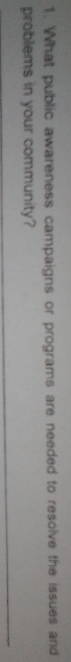 What public awareness campaigns or programs are needed to resolve the issues and 
problems in your community? 
_