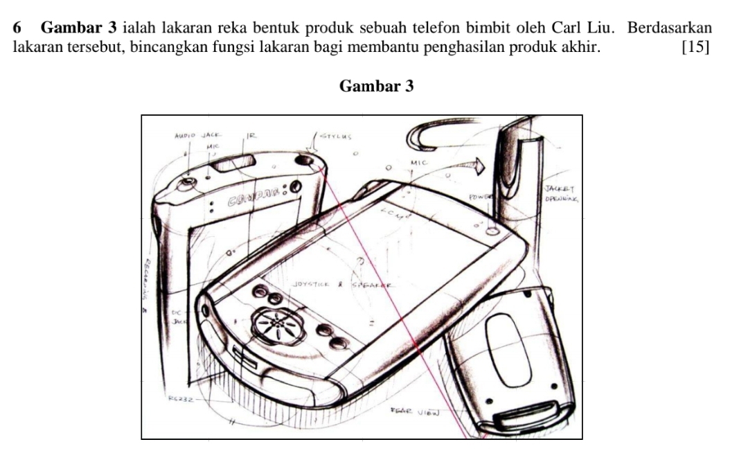 Gambar 3 ialah lakaran reka bentuk produk sebuah telefon bimbit oleh Carl Liu. Berdasarkan 
lakaran tersebut, bincangkan fungsi lakaran bagi membantu penghasilan produk akhir. [15] 
Gambar 3