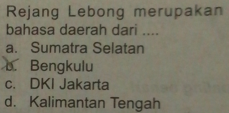 Rejang Lebong merupakan
bahasa daerah dari ....
a. Sumatra Selatan
b. Bengkulu
c. DKI Jakarta
d. Kalimantan Tengah