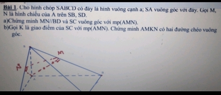 Cho hình chóp SABCD có đây là hình vuỡng cạnh a; SA vuỡng góc với đây. Gọi M, 
N là hình chiếu của A trên SB, SD. 
a)Chứng minh MN//BD và SC vuông góc với mp (AMN). 
b)Gọi K là giao điểm của SC với mp (AMN). Chứng minh AMKN có hai đường chéo vuông
góc.