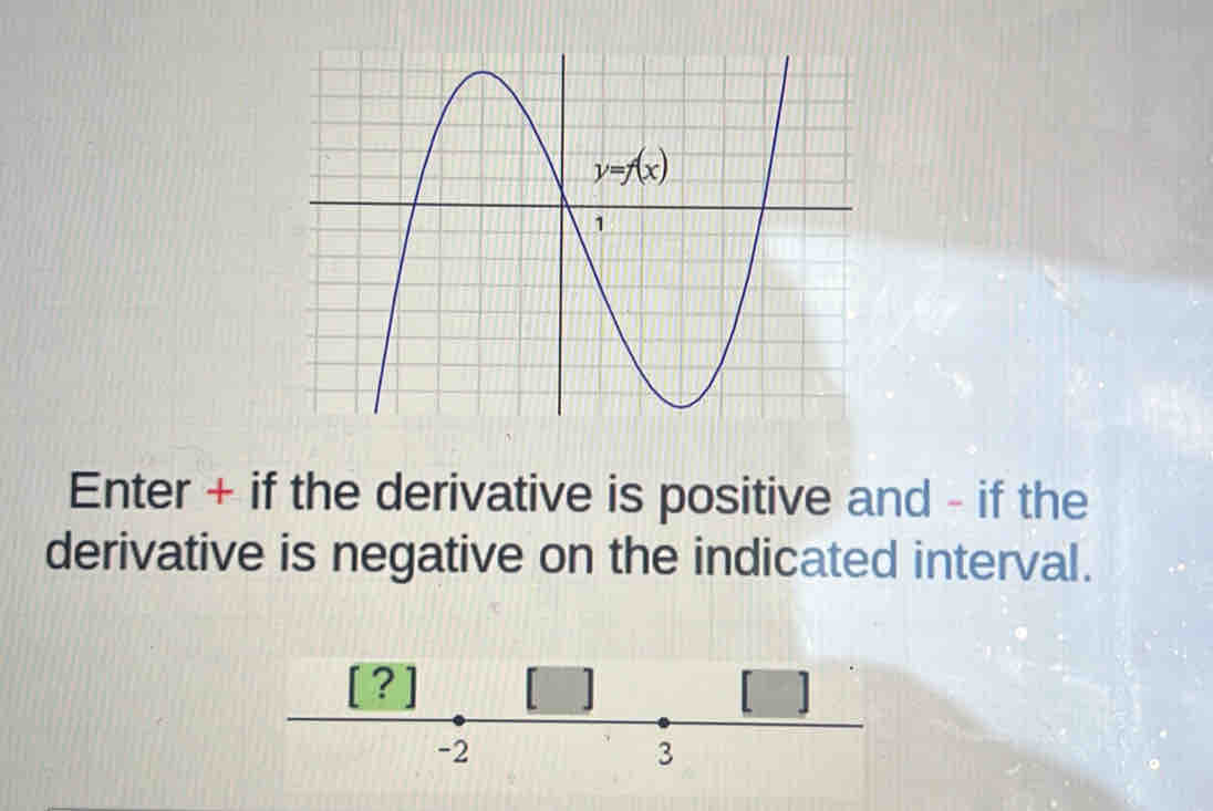 Enter + if the derivative is positive and - if the
derivative is negative on the indicated interval.