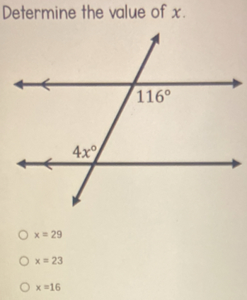 Determine the value of x.
x=29
x=23
x=16