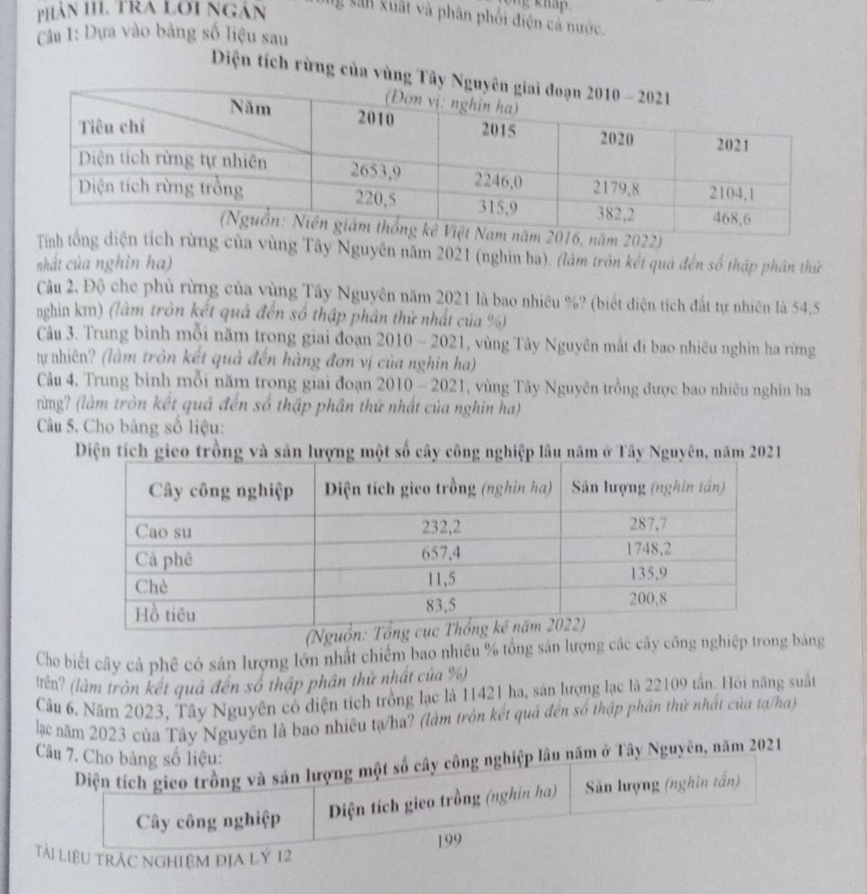 ng sân xuất và phân phối điện cả nước.
Câu 1: Dựa vào bảng số liệu sau
Diện tích rừng của vùng T
016, năm 2022)
Tính tổng diện tích rừng của vùng Tây Nguyên năm 2021 (nghìn ha). (làm tròn kết quả đến số thập phân thứ
nhất của nghìn ha)
Câu 2. Độ che phủ rừng của vùng Tây Nguyên năm 2021 là bao nhiêu %? (biết diện tích đất tự nhiên là 54,5
nghin km) (làm tròn kết quả đến số thập phân thứ nhất của %)
Câu 3. Trung bình mỗi năm trong giai đoạn 2010 - 2021, vùng Tây Nguyên mất đi bao nhiêu nghin ha rừng
tự nhiên? (làm tròn kết quả đến hàng đơn vị của nghìn ha)
Câu 4. Trung bình mỗi năm trong giai đoạn 2010 - 2021  , vùng Tây Nguyên trồng được bao nhiêu nghin ha
rừng? (làm tròn kết quả đến số thập phần thứ nhất của nghìn ha)
Câu 5. Cho bảng số liệu:
Diện tích gieo trồng và sản lượng một số cây công nghiệp lâu năm ở Tây Nguyên, năm 2021
Cho biết cây cả phê có sản lượng lớn nhất chiếm bao nhiêu % tổng sản lượng các cây công nghiệp trong bảng
trên? (làm tròn kết quả đến số thập phân thứ nhất của %)
Câu 6. Năm 2023, Tây Nguyên có diện tích trồng lạc là 11421 ha, sản lượng lạc là 22109 tần. Hỏi năng suất
lạc năm 2023 của Tây Nguyên là bao nhiều tạ/ha? (làm tròn kết quả đến số thập phân thứ nhất của tạ/ha)
Câu 7. Cho bảng số liệu:
Diện tích gico trồng và săn lượng một số cây công nghiệp lâu năm ở Tây Nguyên, năm 2021
Cây công nghiệp  Diện tích gico trồng (nghin ha)  Sản lượng (nghìn tấn)
199
Tài liệu trÁc nghiệm địa lý 12