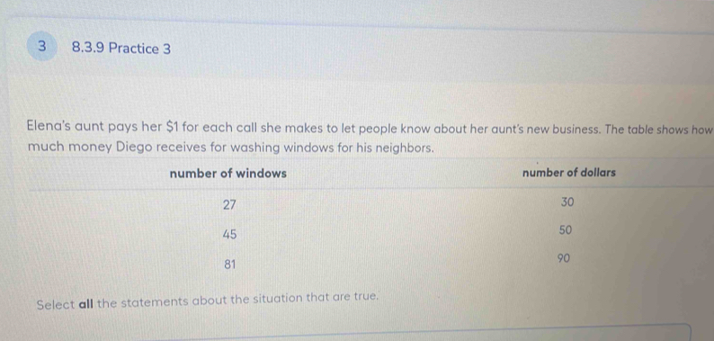 3 8.3.9 Practice 3 
Elena's aunt pays her $1 for each call she makes to let people know about her aunt's new business. The table shows how 
much money Diego receives for washing windows for his neighbors. 
number of windows number of dollars
27
30
45
50
81
90
Select all the statements about the situation that are true.