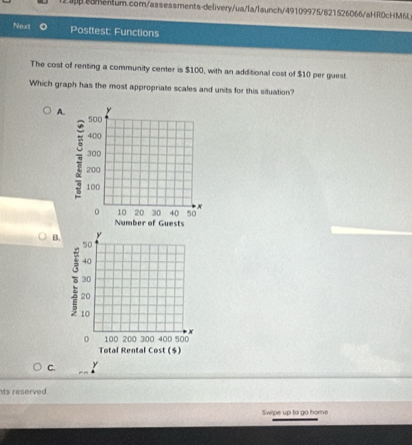 Next Posttest: Functions
The cost of renting a community center is $100, with an additional cost of $10 per guest.
Which graph has the most appropriate scales and units for this situation?
A
B
C. y
ts reserved 
Swipe up to go home