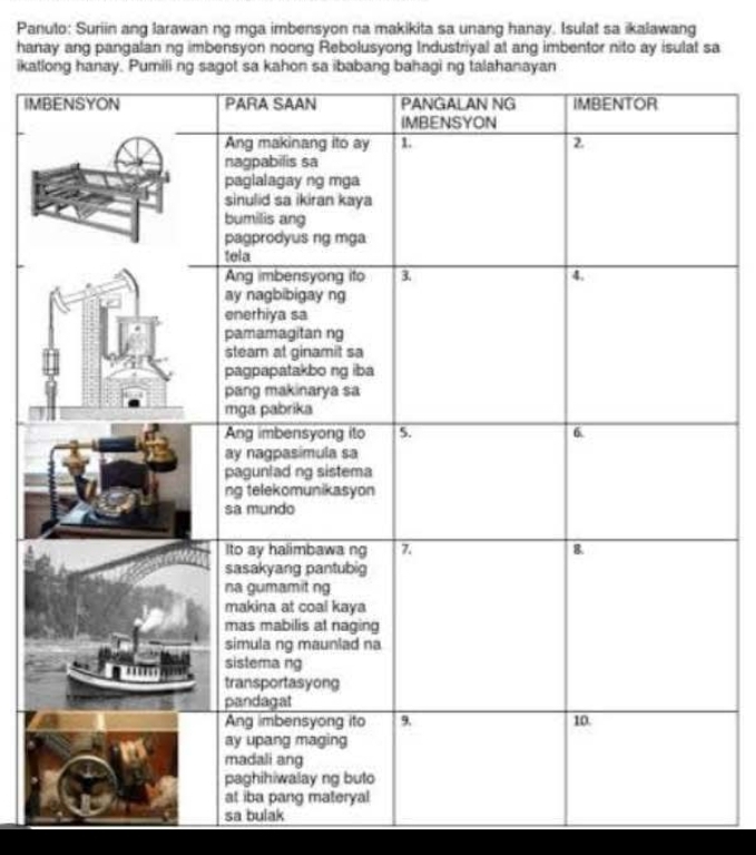 Panuto: Suriin ang larawan ng mga imbensyon na makikita sa unang hanay. Isulat sa ikalawang 
hanay ang pangalan ng imbensyon noong Rebolusyong Industriyal at ang imbentor nito ay isulat sa 
ikatlong hanay. Pumili ng sagot sa kahon sa ibabang bahagi ng talahanayan 
IM 
sa bulak