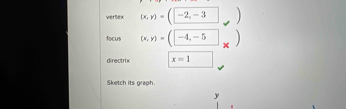 vertex (x,y)=(□ -2,-3 )
、 
focus (x,y)=(□ -4,-5 ) 
directrix
x=1
Sketch its graph.
y