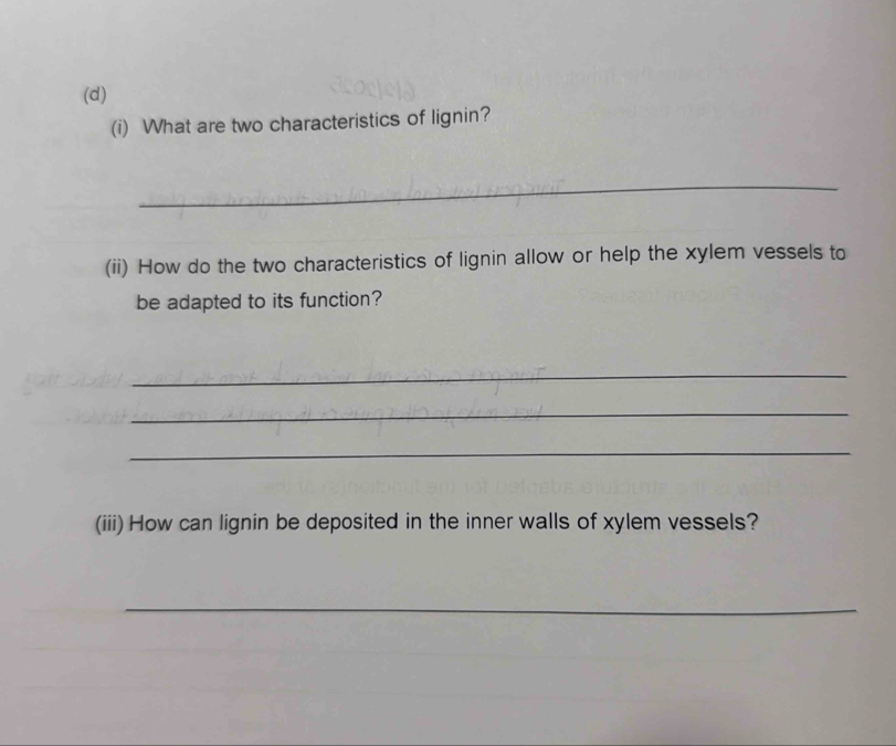 What are two characteristics of lignin? 
_ 
(ii) How do the two characteristics of lignin allow or help the xylem vessels to 
be adapted to its function? 
_ 
_ 
_ 
(iii) How can lignin be deposited in the inner walls of xylem vessels? 
_