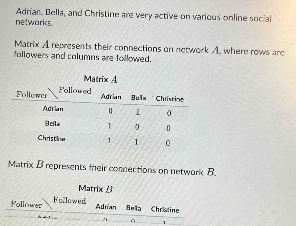 Adrian, Bella, and Christine are very active on various online social 
networks. 
Matrix A represents their connections on network A, where rows are 
followers and columns are followed. 
Matrix B represents their connections on network B. 
Matrix B 
Follower Followed 
Adrian Bella Christine 
∩ ∩ 1