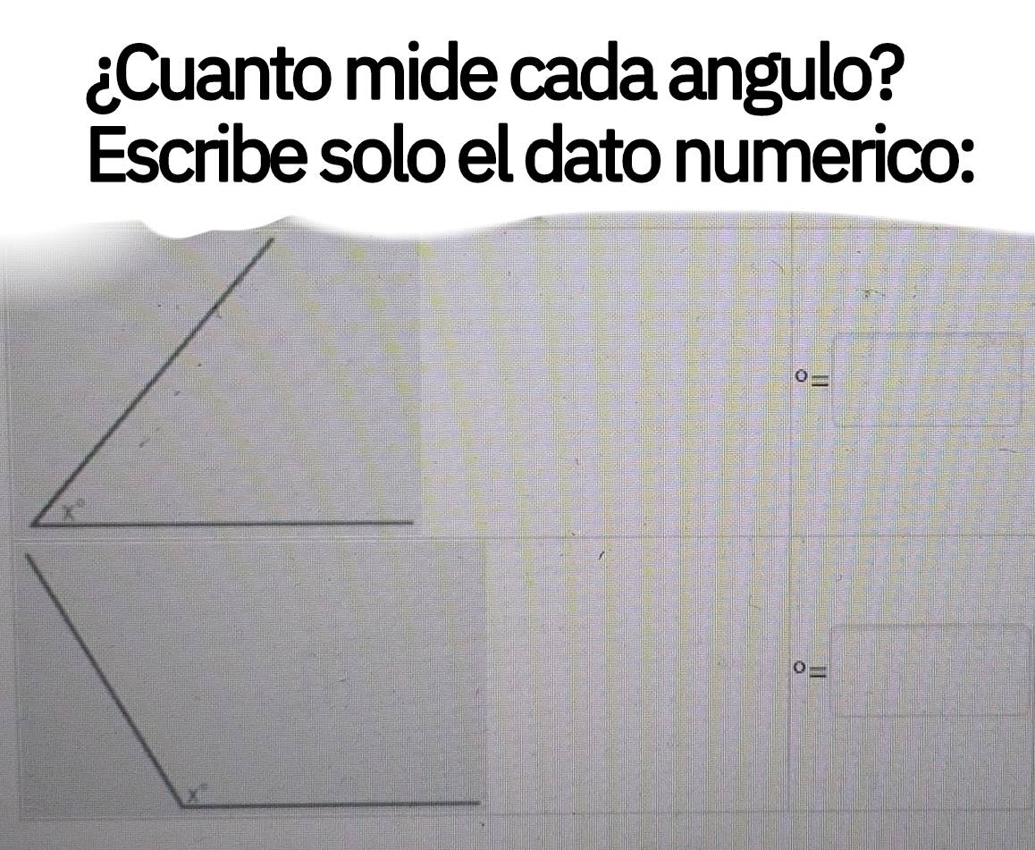 ¿Cuanto mide cada angulo?
Escribe solo el dato numerico:
^circ =□
x°°=□