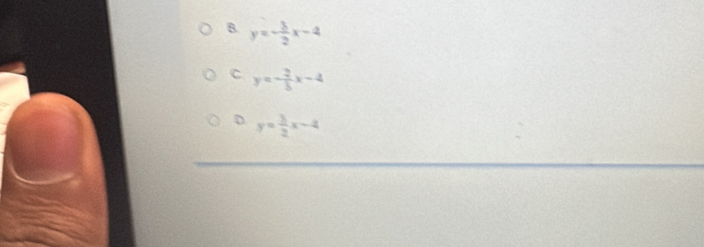 B. y=- 3/2 x-4
C y=- 2/5 x-4
D y= 3/2 x-4