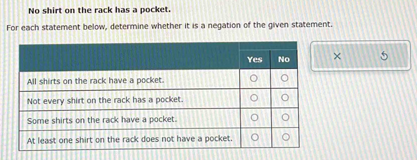 No shirt on the rack has a pocket. 
For each statement below, determine whether it is a negation of the given statement. 
×