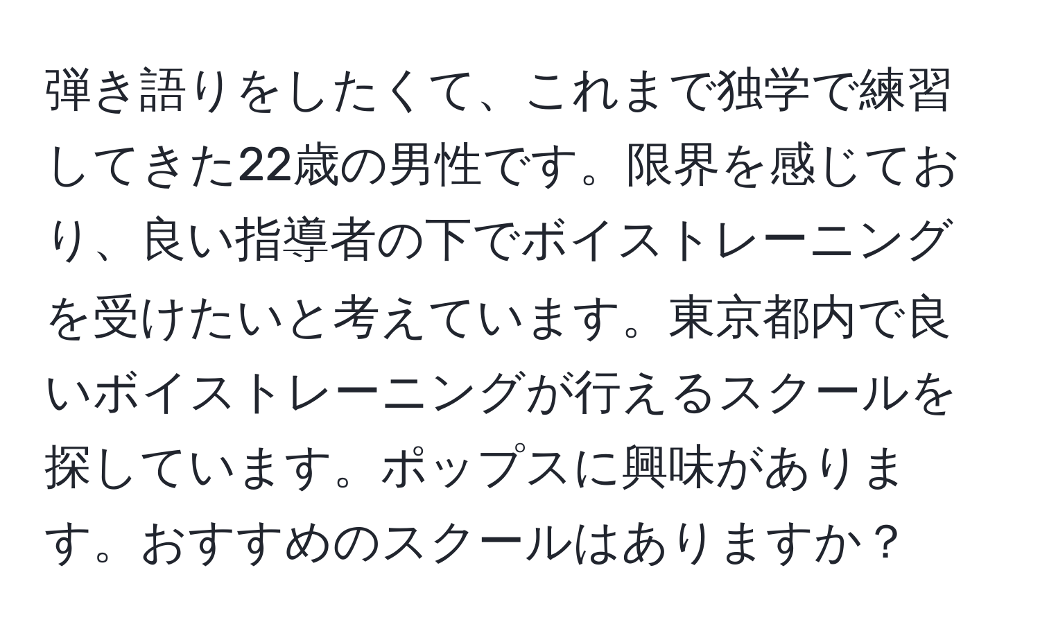 弾き語りをしたくて、これまで独学で練習してきた22歳の男性です。限界を感じており、良い指導者の下でボイストレーニングを受けたいと考えています。東京都内で良いボイストレーニングが行えるスクールを探しています。ポップスに興味があります。おすすめのスクールはありますか？