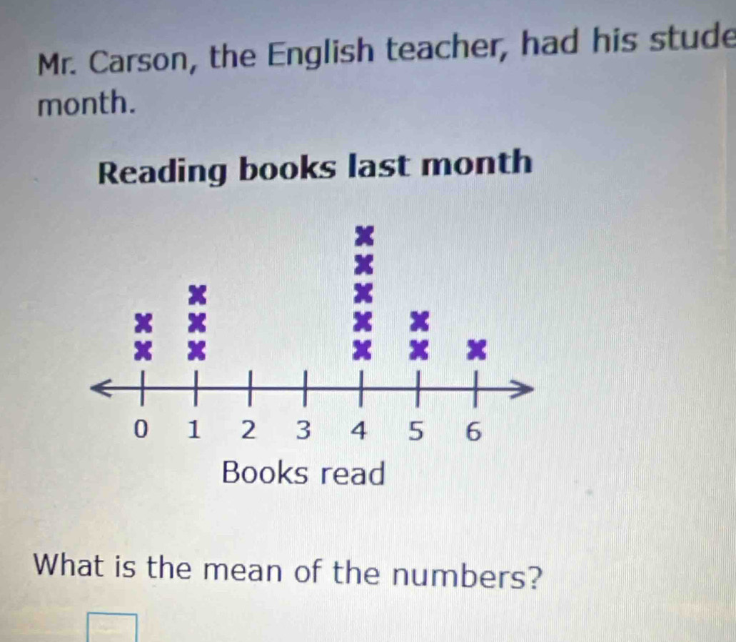 Mr. Carson, the English teacher, had his stude
month. 
oks last month
What is the mean of the numbers?