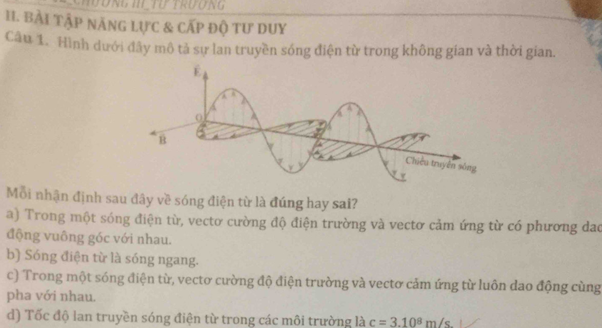 Hương II Tư trượng
II. BàI Tập năng lực & cấp độ tư duy
Câu 1. Hình dưới đây mô tả sự lan truyền sóng điện từ trong không gian và thời gian.
Mỗi nhận định sau đây về sóng điện từ là đúng hay sai?
a) Trong một sóng điện từ, vectơ cường độ điện trường và vectơ cảm ứng từ có phương dao
động vuông góc với nhau.
b) Sóng điện từ là sóng ngang.
c) Trong một sóng điện từ, vectơ cường độ điện trường và vectơ cảm ứng từ luôn dao động cùng
pha với nhau.
d) Tốc độ lan truyền sóng điện từ trong các môi trường là c=3.10^8m/s