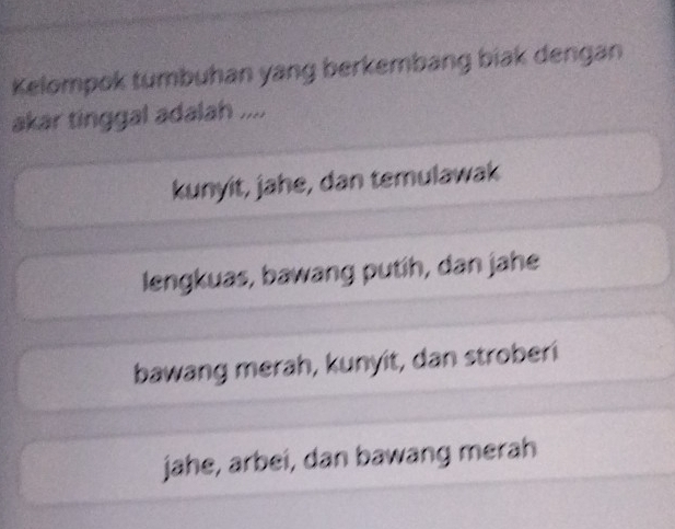 Kelompok tumbuhan yang berkembang biak dengan
akar tinggal adalah ....
kunyit, jahe, dan temulawak
lengkuas, bawang putih, dan jahe
bawang merah, kunyit, dan stroberi
jahe, arbei, dan bawang merah