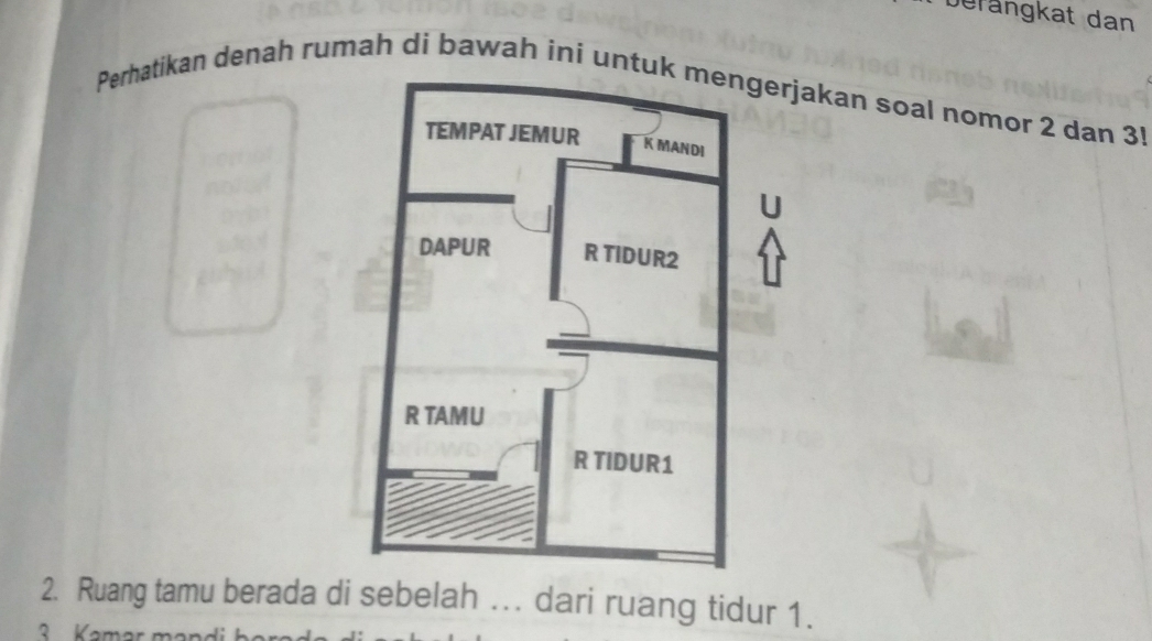 berängkat dan 
Perhatikan denah rumah di bawah ini untukakan soal nomor 2 dan 3! 
2. Ruang tamu berada di sebelah .. dari ruang tidur 1. 
2 Kama