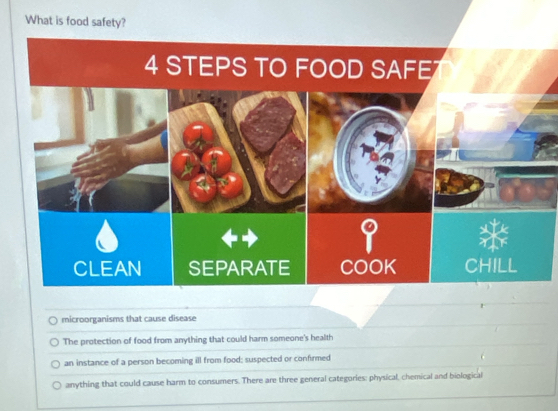 What is food safety?
microorganisms that cause disease
The protection of food from anything that could harm someone's health
an instance of a person becoming ill from food; suspected or confirmed
anything that could cause harm to consumers. There are three general categories: physical, chemical and biological