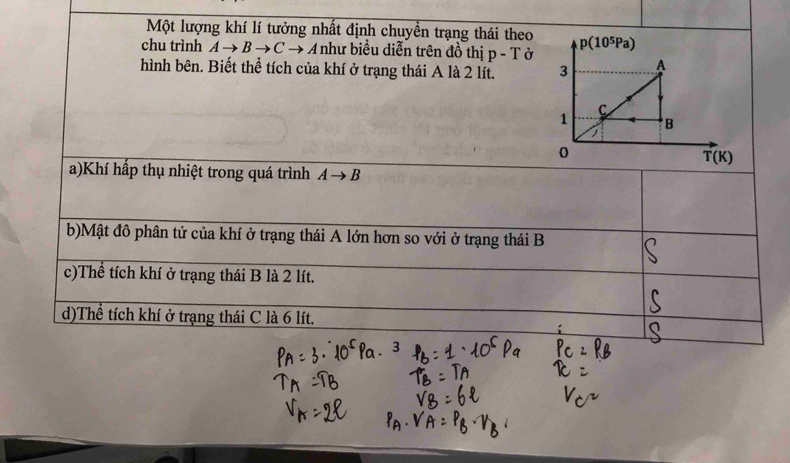 Một lượng khí lí tưởng nhất định chuyền trạng thái theo
chu trình Ato Bto C to → A như biểu diễn trên đồ thị p-T Ở 
hình bên. Biết thể tích của khí ở trạng thái A là 2 lít.
a)Khí hấp thụ nhiệt trong quá trình Ato B
b)Mật đô phân tử của khí ở trạng thái A lớn hơn so với ở trạng thái B
c)Thể tích khí ở trạng thái B là 2 lít.
d)Thể tích khí ở trạng thái C là 6 lít.
2