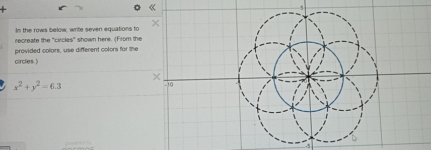 + 
In the rows below, write seven equations to 
recreate the "circles" shown here. (From the 
provided colors, use different colors for the 
circles.)
x^2+y^2=6.3
powered by
-5