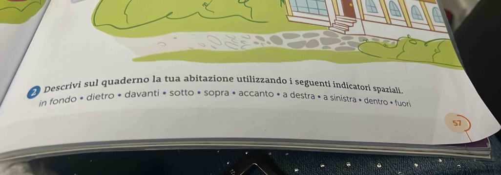 Descrivi sul quaderno la tua abitazione utilizzando i seguenti indicatorí spaziali. 
in fondo • dietro • davanti • sotto • sopra • accanto • a destra • a sinistra • dentro • fuori 
57