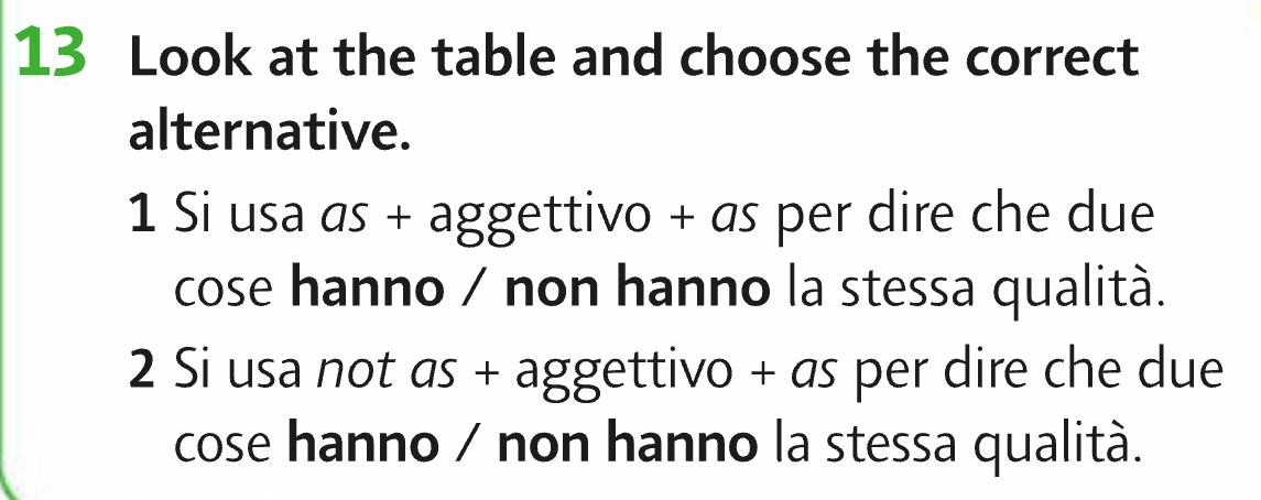 Look at the table and choose the correct
alternative.
1 Si usa as + aggettivo + as per dire che due
cose hanno / non hanno la stessa qualità.
2 Si usa not as + aggettivo + as per dire che due
cose hanno / non hanno la stessa qualità.