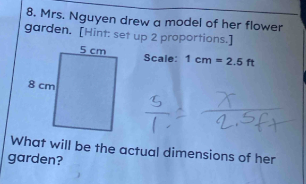 Mrs. Nguyen drew a model of her flower 
garden. [Hint: set up 2 proportions.] 
Scale: 1cm=2.5ft
What will be the actual dimensions of her 
garden?