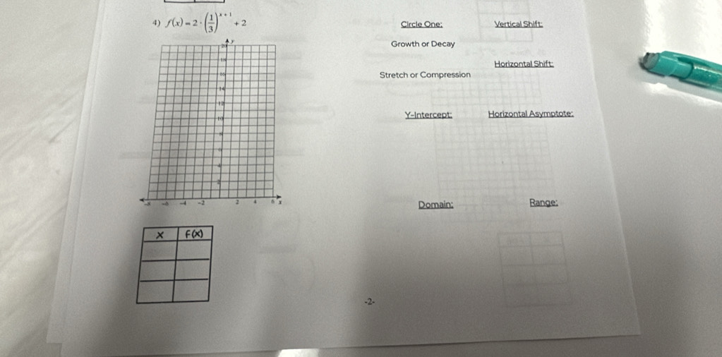 f(x)=2· ( 1/3 )^x+1+2 Circle One: Vertical Shift: 
Growth or Decay 
Horizontal Shift: 
Stretch or Compression 
Y-Intercept: Horizontal Asymptote: 
Domain: Range:
-2 -