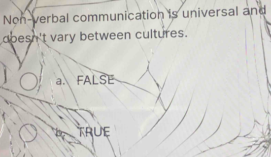 Non-verbal communication is universal and
doesn't vary between cultures.
a. FALSE
TRUE