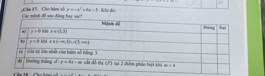 1a 1 .
Câu 17. Cho hàm số y=-x^2+6x-5. Khi đó:
Các mệnh đề sau đúng 
Câu 18. Cho hàm số x-x^2