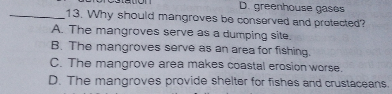 on D. greenhouse gases
_13. Why should mangroves be conserved and protected?
A. The mangroves serve as a dumping site.
B. The mangroves serve as an area for fishing.
C. The mangrove area makes coastal erosion worse.
D. The mangroves provide shelter for fishes and crustaceans.