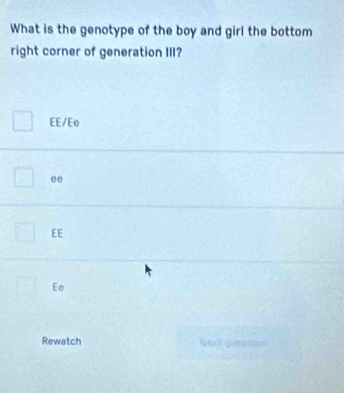 What is the genotype of the boy and girl the bottom
right corner of generation III?
EE/Eo
ee
EE
Ee
Rewatch Next ques los