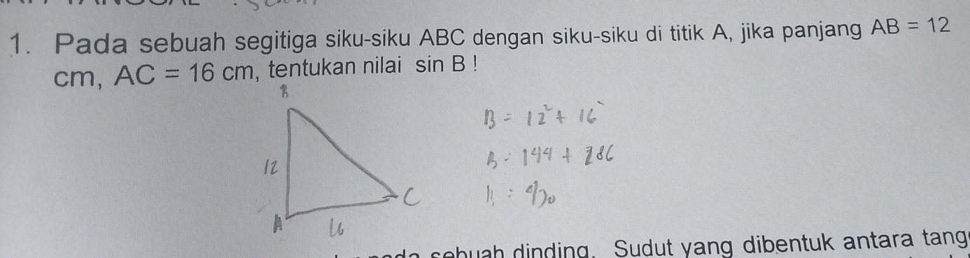 Pada sebuah segitiga siku-siku ABC dengan siku-siku di titik A, jika panjang AB=12
cm, AC=16cm , tentukan nilai sin B! 
sebuah dinding. Sudut yang dibentuk antara tang