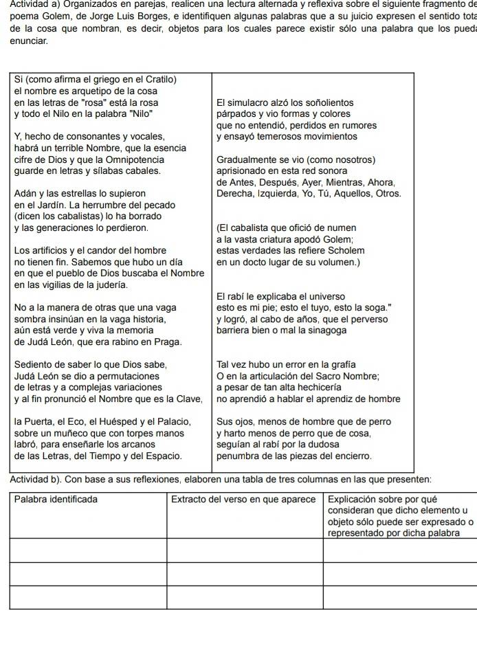 Actividad a) Organizados en parejas, realicen una lectura alternada y reflexiva sobre el siguiente fragmento de 
poema Golem, de Jorge Luis Borges, e identifiquen algunas palabras que a su juicio expresen el sentido tota 
de la cosa que nombran, es decir, objetos para los cuales parece existir sólo una palabra que los pueda 
enunciar. 
Si 
el 
en 
y 
Y, 
ha 
cif 
gu 
A 
en 
(di 
y l 
Lo 
no 
en 
en 
No 
so 
aú 
de 
S 
J 
de 
y 
la 
so 
la 
de 
Act 
o