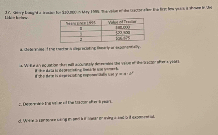 Gerry bought a tractor for $30,000 in May 1995. The value of the tractor after the first few years is shown in the
table below.
a. Determine if the tractor is depreciating linearly or exponentially.
b. Write an equation that will accurately determine the value of the tractor after x years.
If the data is depreciating linearly use y=mx+b. 
If the date is depreciating exponentially use y=a· b^x
c. Determine the value of the tractor after 6 years.
d. Write a sentence using m and b if linear or using a and b if exponential.