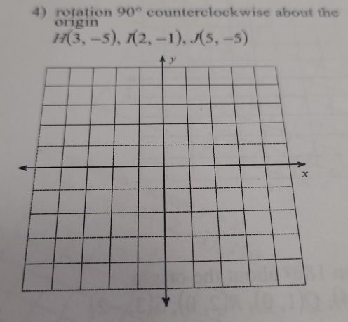 rotation 90° counterclockwise about the 
origin
H(3,-5), I(2,-1), J(5,-5)