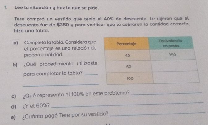 Lee la situación y haz lo que se pide. 
Tere compró un vestido que tenía el 40% de descuento. Le dijeron que el 
descuento fue de $350 y para verificar que le cobraron la cantidad correcta, 
hizo una tabla. 
a) Completa la tabla. Considera que 
el porcentaje es una relación de 
proporcionalidad. 
b) ¿Qué procedimiento utilizaste 
para completar la tabla?_ 
_ 
c) ¿Qué representa el 100% en este problema?_ 
_ 
d) ¿Y el 60%? 
_ 
e) ¿Cuánto pagó Tere por su vestido?