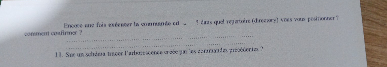 Encore une fois exécuter la commande cd .. ? dans quel repertoire (directory) vous vous positionner ? 
_ 
comment confirmer ? 
_ 
11. Sur un schéma tracer l'arborescence créée par les commandes précédentes ?