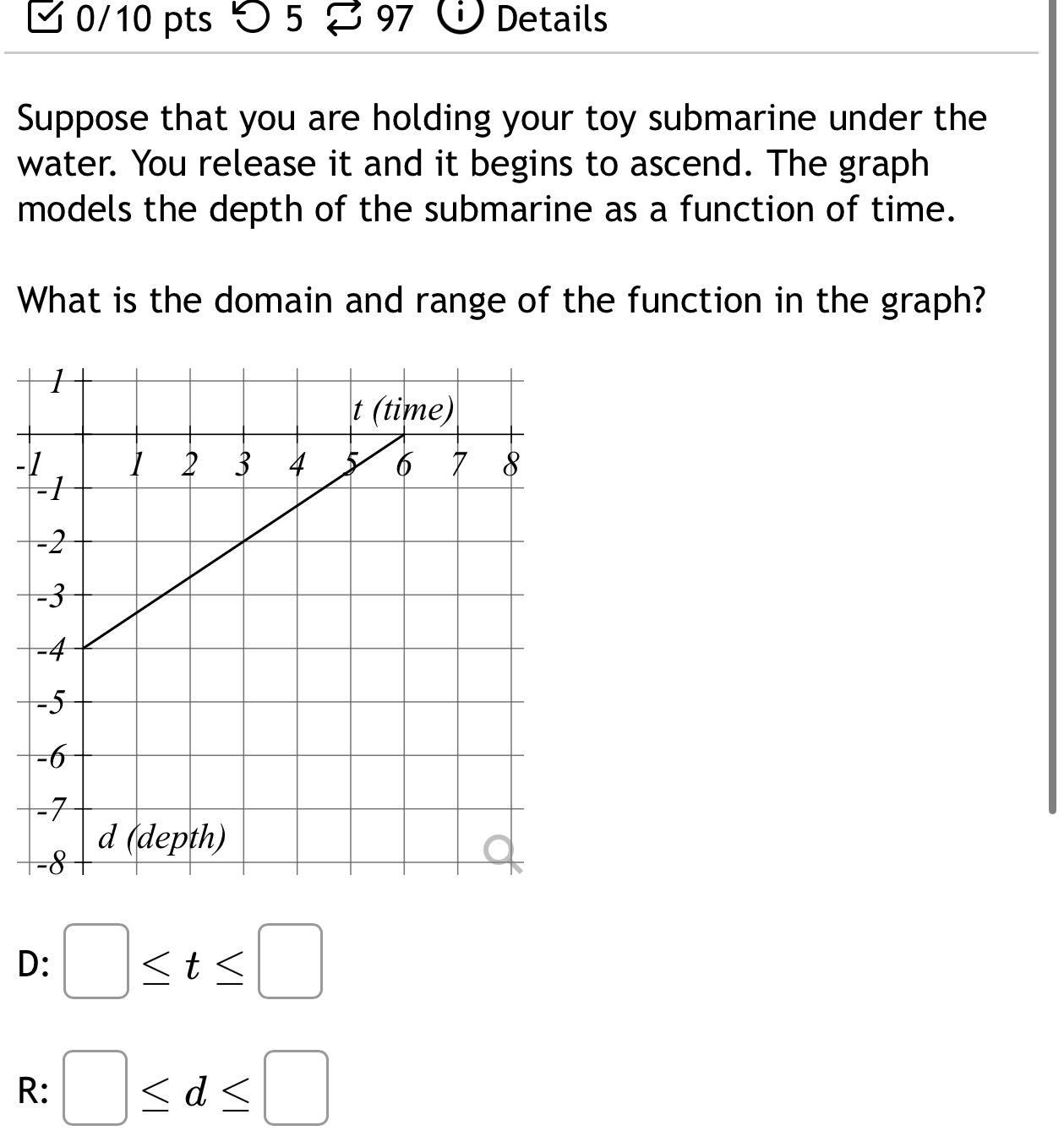 > 5 [ 97 Details
Suppose that you are holding your toy submarine under the
water. You release it and it begins to ascend. The graph
models the depth of the submarine as a function of time.
What is the domain and range of the function in the graph?
-
D: □ ≤ t≤ □
R: □ ≤ d≤ □